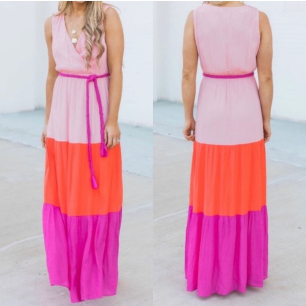 Flying Tomato Brushed Cotton Gauzy Beach Boho Pink Orange Tier Maxi Dress Sz S